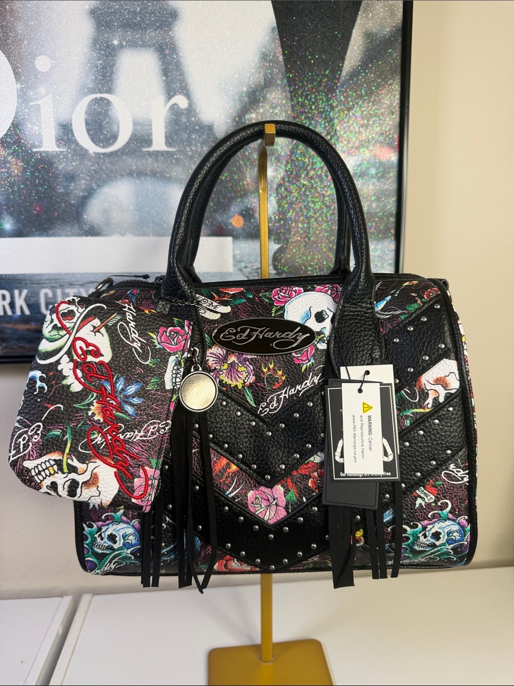 Ed Hardy Black Floral Skull Studded Satchel with Tassel